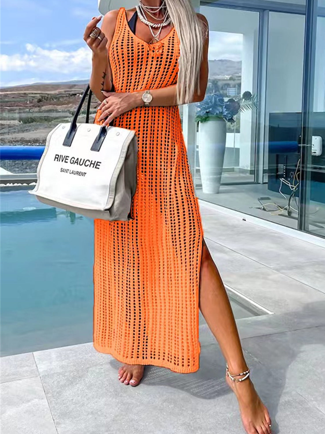 Openwork Slit Cutout Wide Strap Dress - store name